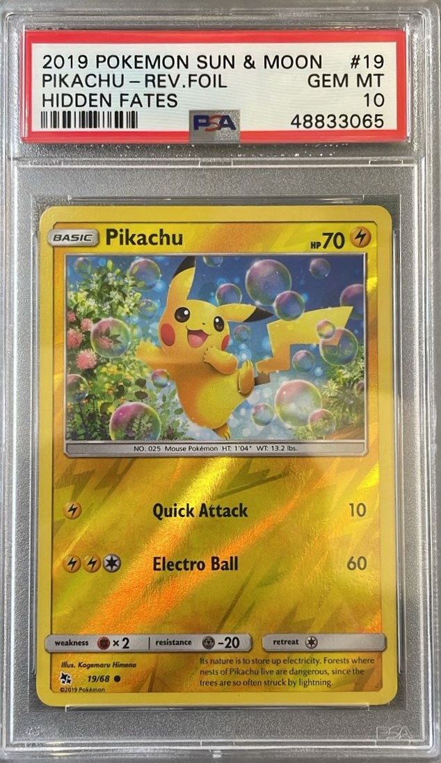2019 Pokémon Sun & Moon Pikachu Reverse Foil Hidden Fates #19 GEM MT PSA 10
